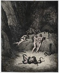 Inferno, Gesang 25: Agnello verwandelt sich in eine Schlange (Illustration aus Die Göttliche Komödie von Dante Alighieri, 1885)